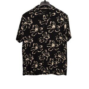 Porter + Ash Mens Size Large Black Floral Print Linen Blend Button Up Shirt